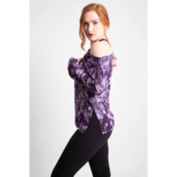 WOMENS PURPLE TIE-DYE PRINT OFF-THE-SHOULDER LONG SLEEVE TOP - Size: S/M, L/XL - Picture 2 of 9